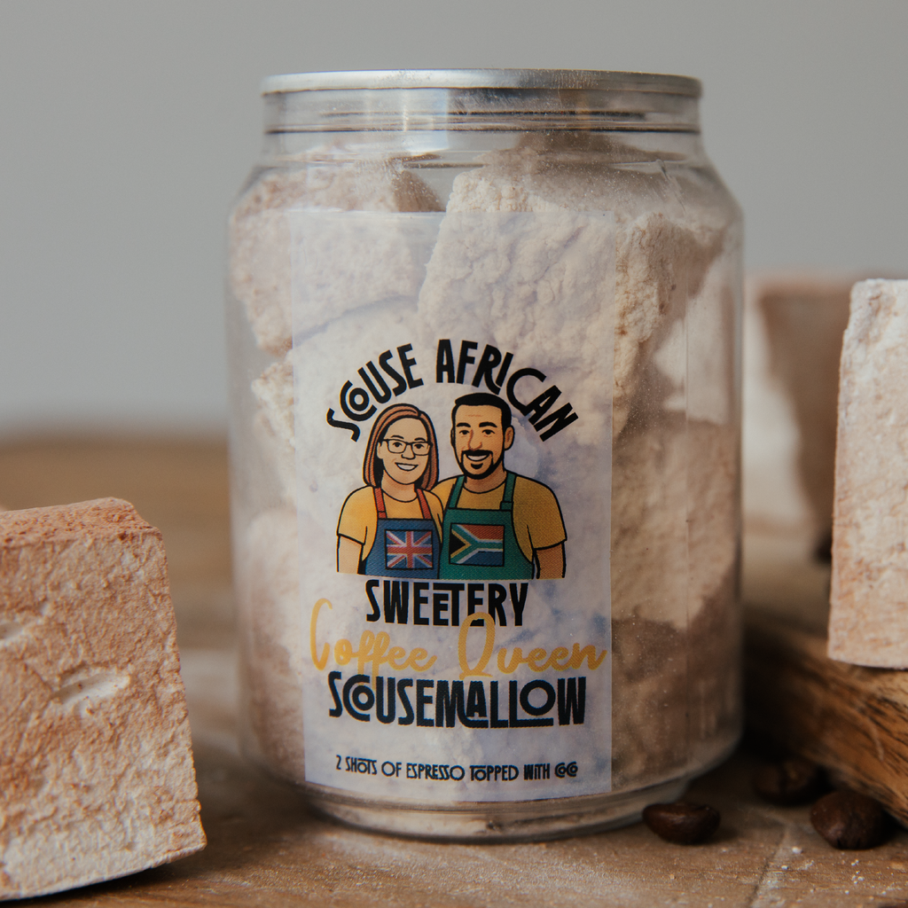 Can of 'Scouse African Sweetery Coffee Queen Scousemallow' with a label featuring two people.